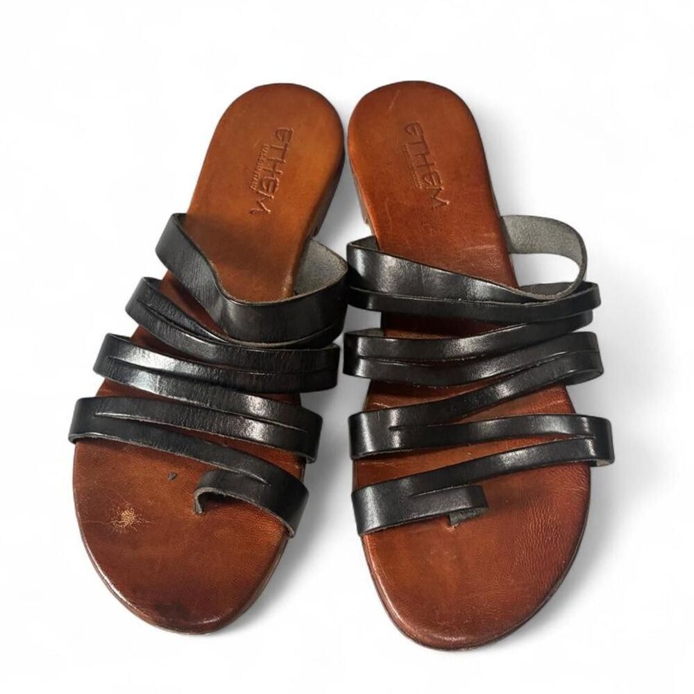 Ethem Black and Brown Leather Multi Strap Slip On Sandals